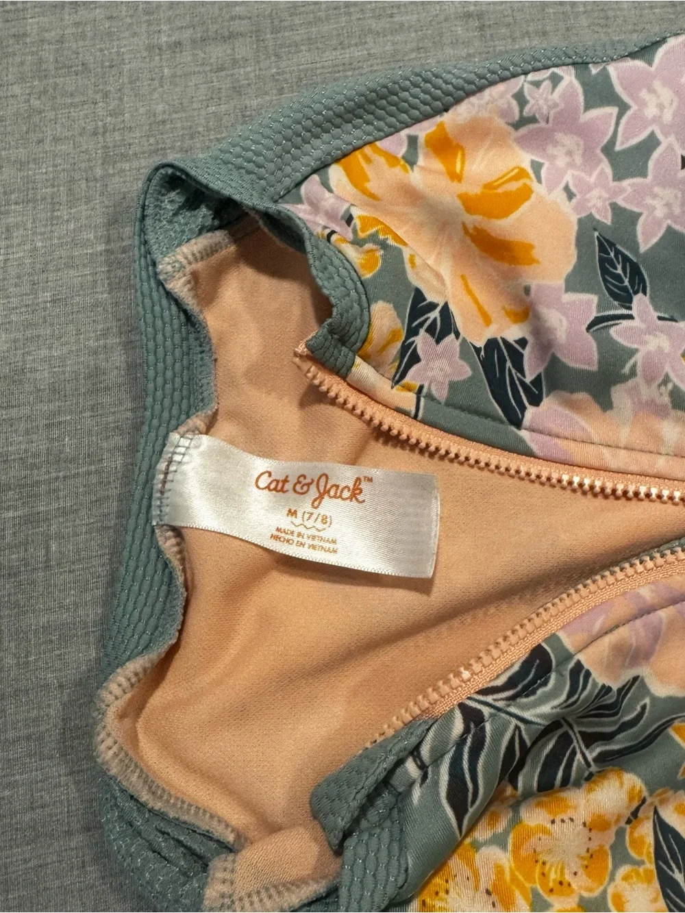 Cat & Jack Girls One-Piece Swimsuit Size M 7-8 Green Floral Long Sleeve UPF